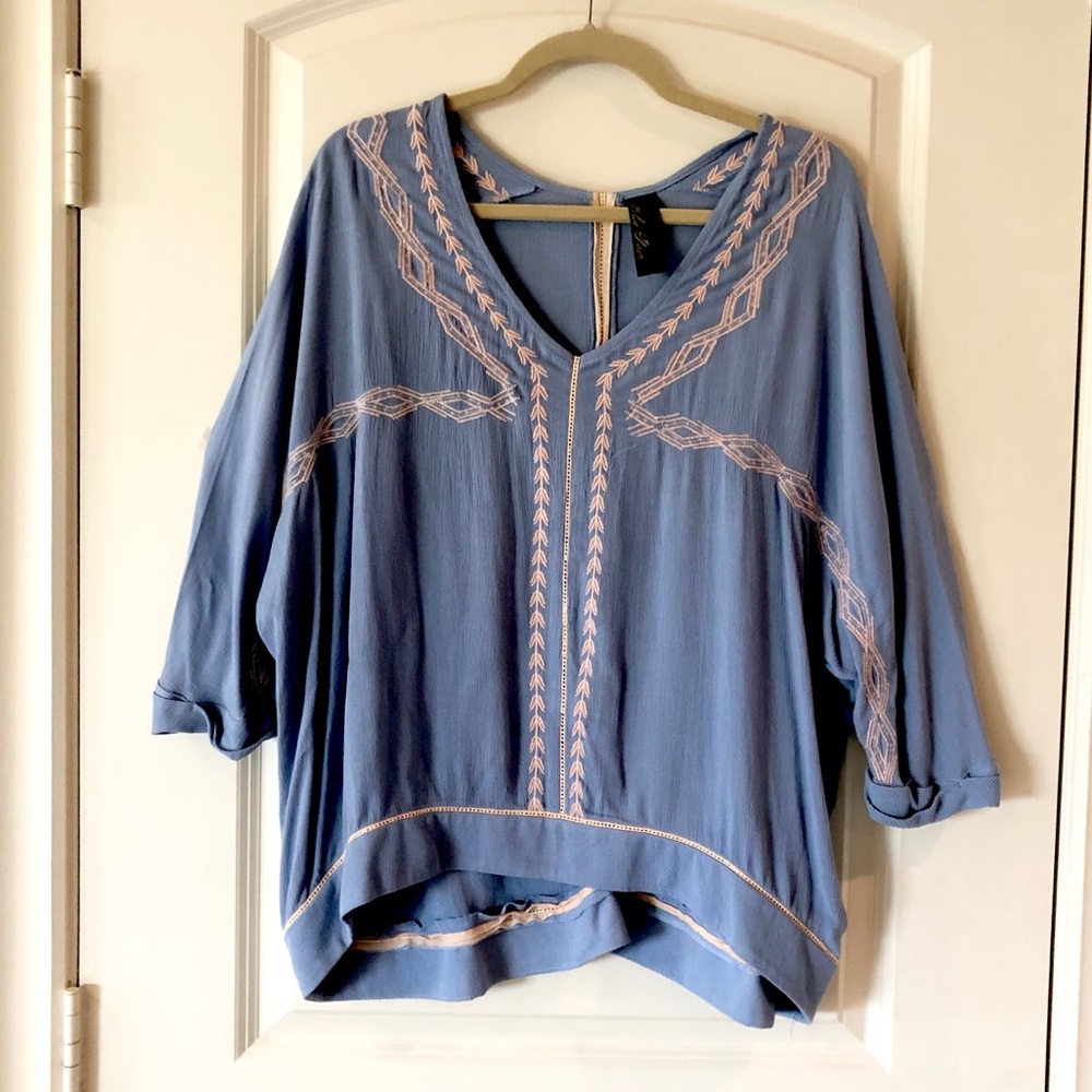 Blue Rain Boho Embroidered Peasant Blouse - Dusty Blue & Peach - Size Large